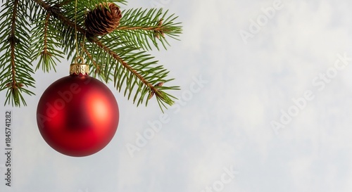 Red Christmas Ornament Hanging on Pine Branch with Pinecone.