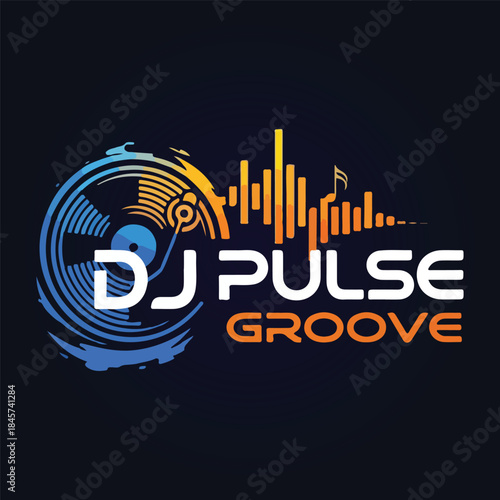 Vibrant DJ logo featuring the text “DJ Pulse Groove” with a colorful vinyl disc on the left and dynamic equalizer bars forming a pulsing music waveform on a dark background