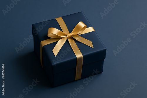 Dark indigo blue present box wrapped with a shiny gold ribbon in a minimal, professional studio setting with soft lighting mockup