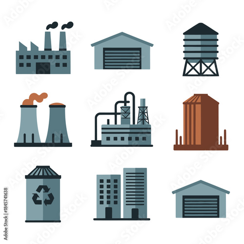 Industrial plant and utility building icon collection including factories warehouses cooling towers and storage tanks flat vector