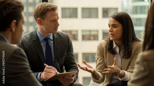 A diverse group of professionals in business attire engaged in a serious discussion in a modern office setting.
