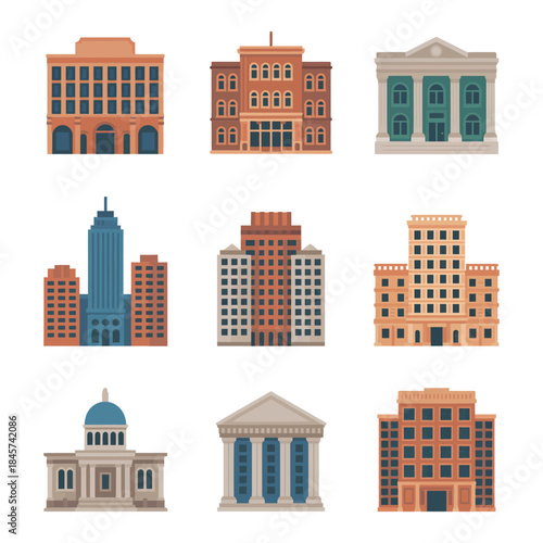 Urban apartment and city building icon collection featuring offices residential blocks civic architecture downtown skyline flat vector illustration