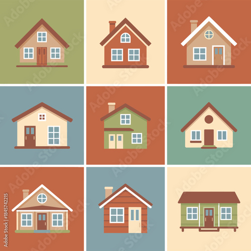 Residential house icon collection with suburban homes cottages villas roofs doors windows neighborhood flat vector illustration