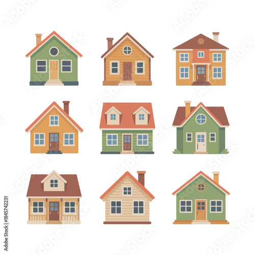 Colorful residential home icon collection with small houses townhomes cottages neighborhood architecture flat vector illustration