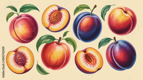 Vibrant Illustration of Plums in Various Colors and Halves
