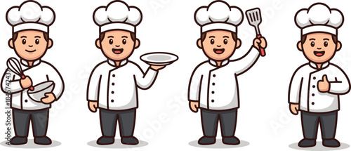 Cute chef character set in different poses cooking serving food kitchen profession cartoon illustration isolated