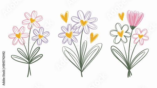Colorful Hand-Drawn Daisy Flowers with Heart Centers