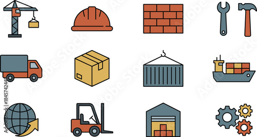 Logistics and construction flat icons set with crane truck warehouse tools container shipping transport industry illustration