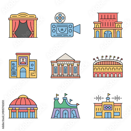 Theater cinema and cultural venue icon set featuring stage film hall opera entertainment architecture flat vector illustration