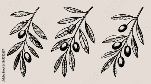 Black and White Illustration of Olive Branches with Fruits