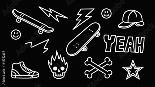 Skateboarding Icons and Elements on Black Background