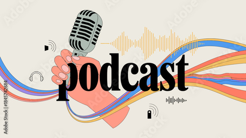 Vibrant Podcast Illustration with Microphone and Sound Waves