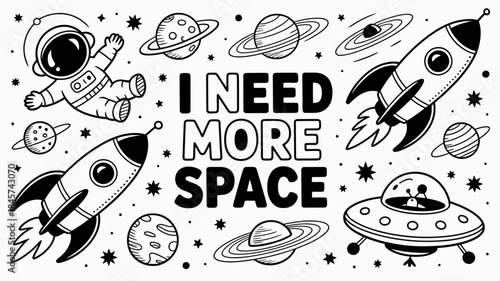 Cute Space-Themed Illustration with Astronaut and Rockets