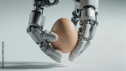 Advanced robotic hands gently cradling a fragile organic egg.