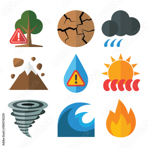 Environmental disaster and risk warning icon collection with flood tornado wildfire climate alert flat vector illustration symbols design