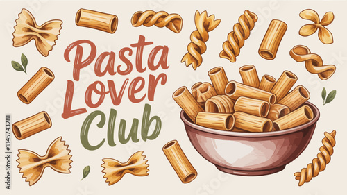 Pasta Lover Club Illustration with Various Pasta Shapes