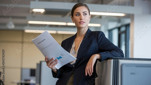 A confident businesswoman in a suit stands in an office holding documents.