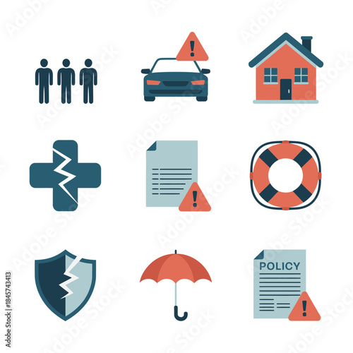 Corporate risk management and compliance warning icon collection with policy document shield alert safety flat vector illustration