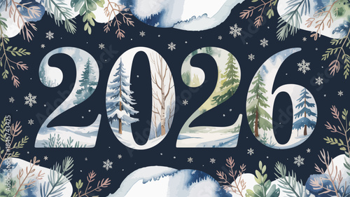 2026 Winter Scene with Snowy Forest and Greenery