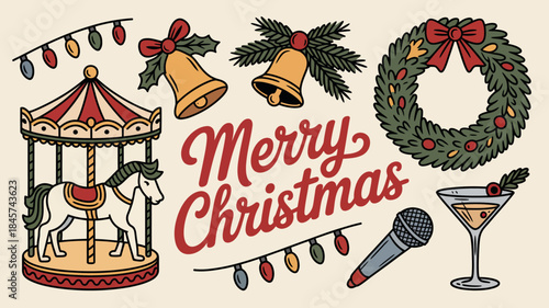 Festive Christmas Illustration with Holiday Icons and Merry Christmas Text