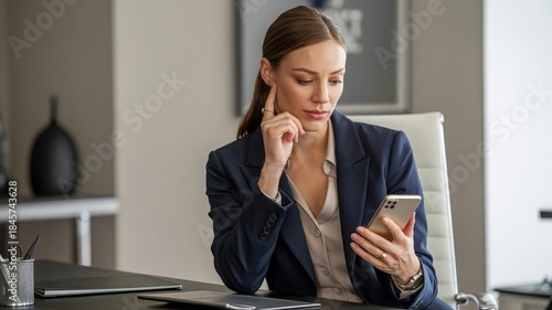 A focused businesswoman in a navy suit looking at her smartphone in an office setting.