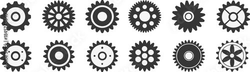 Set of Black and Gray Vector Gear Icons, Including Spoked, Solid, and Detailed Cogwheel Designs, Representing Engineering, Industry, and Mechanism.