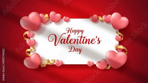 Happy valentines day greeting card with pink hearts on red background