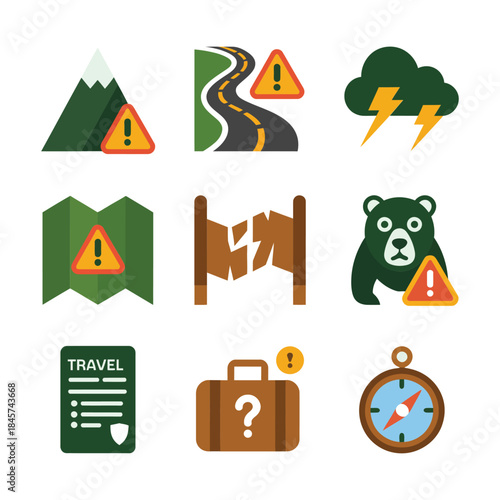 Road trip and nature danger warning icon set with mountain route storm animal alert flat vector illustration symbols