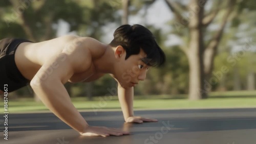 Stylized 3D animation of an athlete performing push ups outdoors