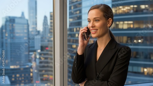 A smiling businesswoman in a black suit talks on her phone while looking out a large window at a city skyline.