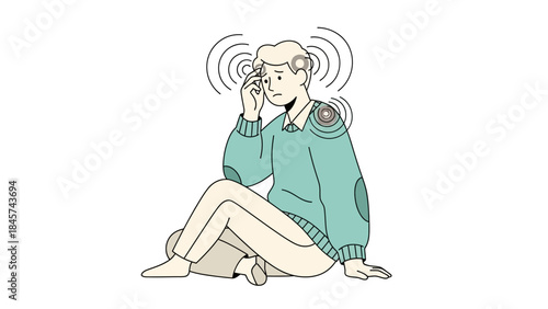 Illustration of a man with head and shoulder pain while sitting down on a white background
