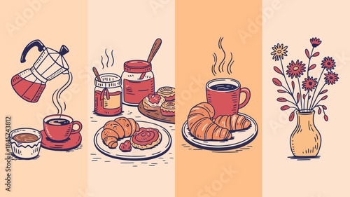 Delicious Breakfast with Coffee and Pastries Illustration