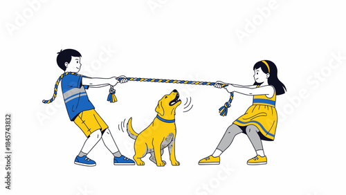 Kids playing tug of war with a dog funny illustration on a white background