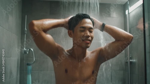 Person enjoying a refreshing shower after workout