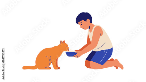 A Young Boy Feeding His Cat: A Heartwarming Illustration of Pet and Owner Relationship