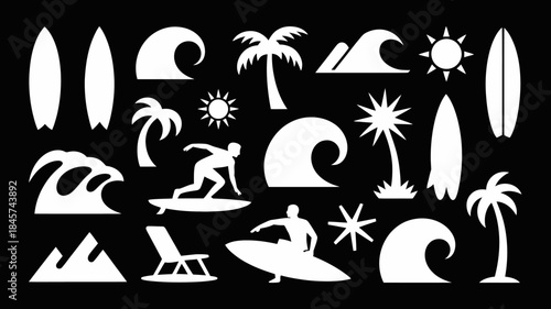 Surfing Silhouettes with Waves, Sun, and Palm Trees