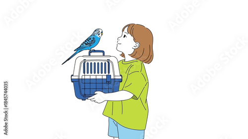 A Young Girl Happily Interacting With Her Pet Budgerigar and Its Carrier