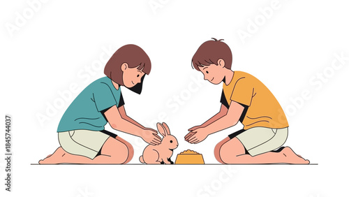 Children petting a rabbit with its food bowl in a heartwarming cartoon illustration