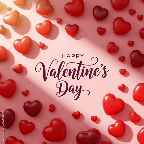 Happy valentines day with red hearts on pink background