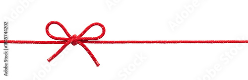 Vibrant red string tied in a decorative bow, extending horizontally on a clean white background, ideal for gift wrapping, holiday designs, and festive celebrations