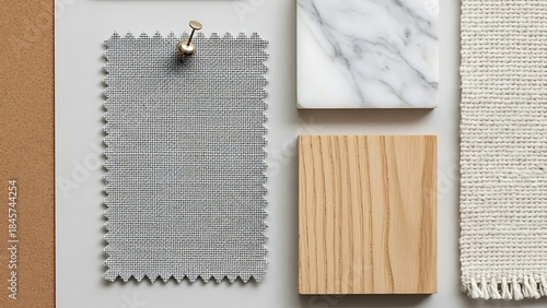 Interior Design Mood Board with Fabric Swatch, Wood, Marble, and Woven Textile Samples.