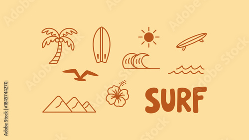 Vibrant Surf Illustration with Tropical Elements and Mountains