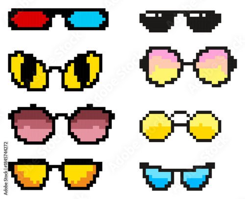 Pixel Sunglasses Set. Retro 8-Bit Glasses Collection Vector