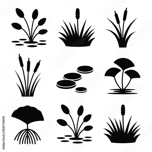 Nature plant silhouette illustration set with grass reeds pond plants landscape flat vector design collection