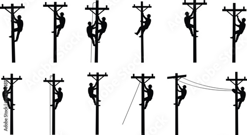 Silhouette lineman climbing utility pole, electrical worker with safety helmet, power line technician, telecommunication maintenance, vector isolated on white background