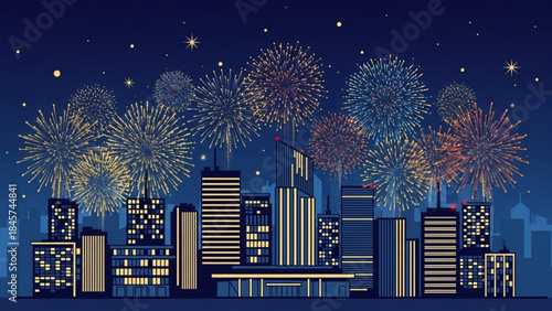 Fireworks Above Metropolis: A dazzling display of vibrant fireworks illuminates the night sky above a cityscape, painting a picture of celebration and joyous spectacle. 