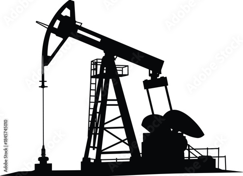 Silhouette of an oil pumpjack machine operating in an industrial site, energy extraction, petroleum industry, drilling rig equipment, crude oil production