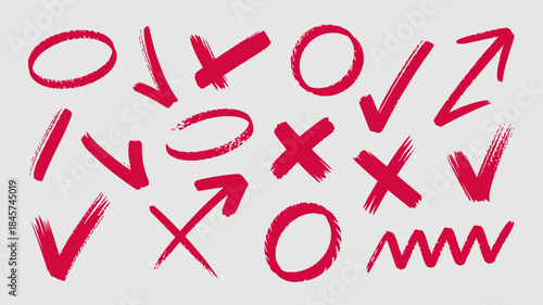 Hand-Drawn Red Symbols and Icons Set on White Background