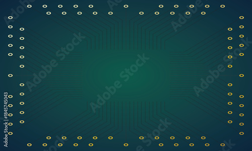 Electronic circuit board with gold connections and dark green background