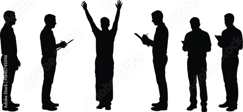 Silhouette of a group of people in various poses, including standing, raising hands, and taking notes, with clean white background, suitable for business, leadership, and teamwork themes